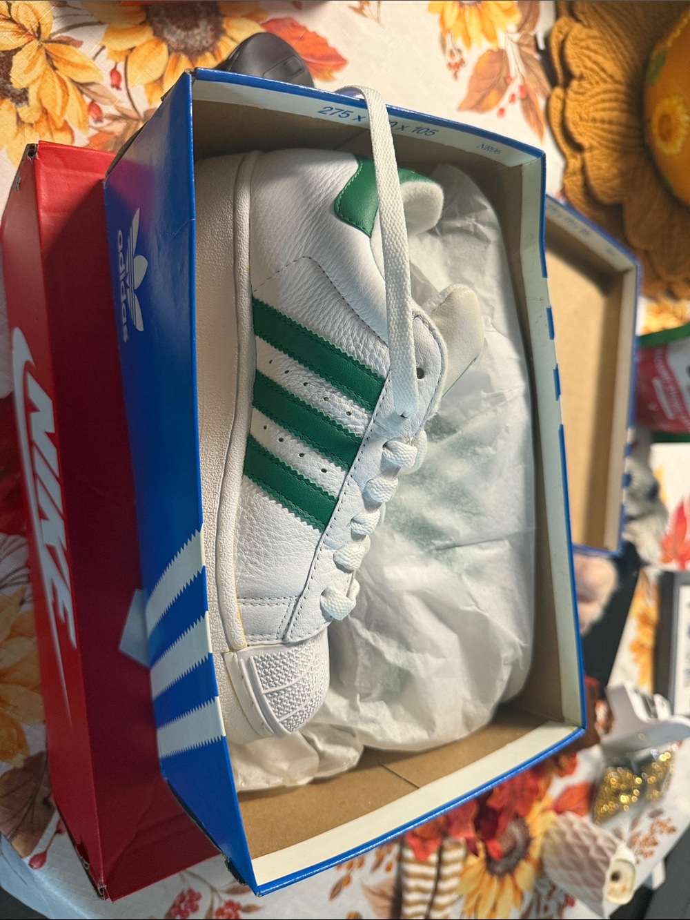 Adidas White Sneakers with Green Stripes